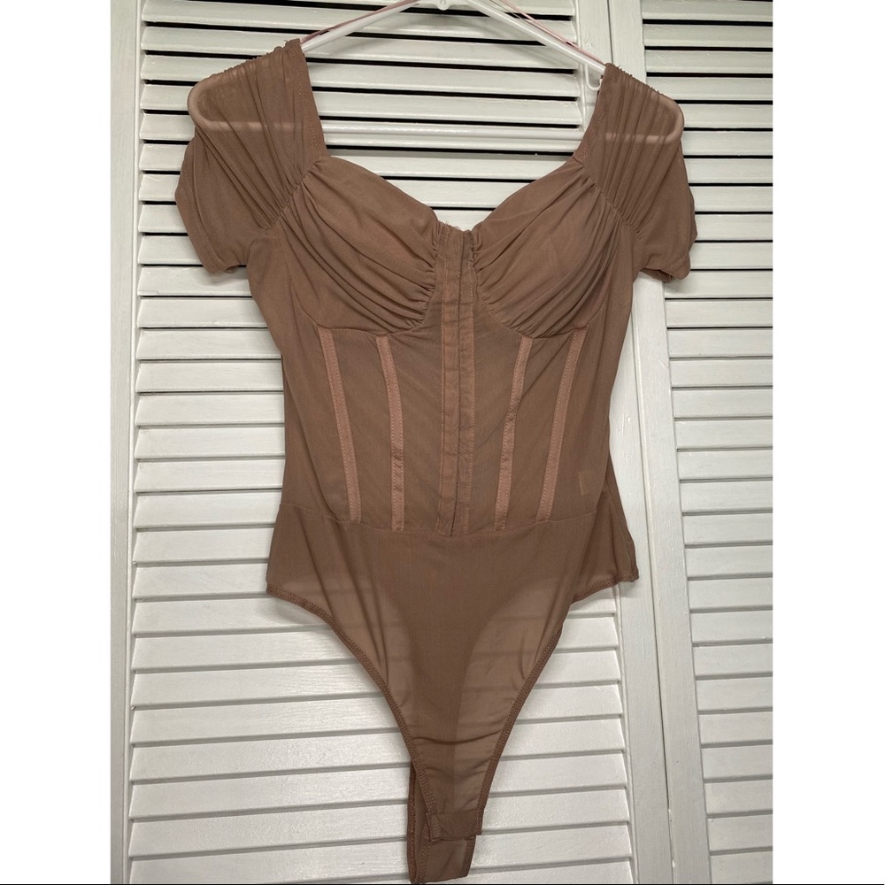 Short Sleeve Rose Beige Sheer Mesh Medium Bodysuit.